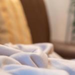 Weiche Decke liegt auf einem Sofa mit Kissen und Pflanze im Hintergrund.