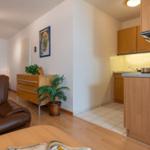 Wohnbereich mit Sofa, Küchenzeile und Pflanzen