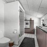 Bathroom with toilet, shower, and sink with mirror.