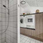 Shower with showerhead and washing machine next to dryer.