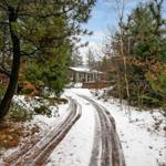Schneebedeckter Weg führt zu einem Holzhaus im Wald.
