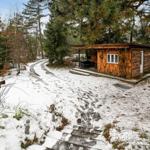 Holzhütte mit Terrasse im Schnee, umgeben von Bäumen und einem schneebedeckten Weg.