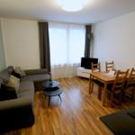Wohn- und Essbereich mit Sofa, Esstisch und Holzboden.