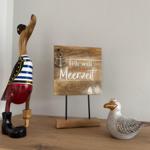 Holzdekoration mit Seemöwenfigur und Schild mit Meerzeitschrift.