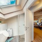 Badezimmer mit Dusche und Dachfenster. Durchgang zur Wohnküche mit Sofa.