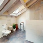 Badezimmer mit Dusche, Toilette und Waschbecken unter Holzdecke mit Dachfenster.