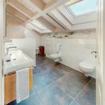 Badezimmer mit Dusche, Toilette und Waschbecken unter Holzdecke mit Dachfenster.
