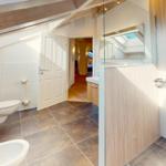 Badezimmer mit Dusche, WC und Waschbecken unter Holzdecke mit Dachfenster.