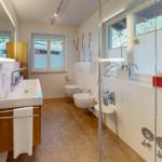 Badezimmer mit Dusche, Waschbecken und Toilette. Fenster mit Jalousie und Pflanze.