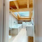 Dusche, Badewanne und Waschmaschine in Dachschrägen-Bad mit Holzdecke und Dachfenster.