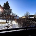 Schneebedeckter Garten mit Baum und Hecke, Blick auf Häuser und Berge unter blauem Himmel.