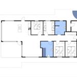 Wohnung mit Küche, drei Schlafzimmern und zwei Bädern. Raumübersicht mit Maßen.