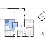 Apartment with sauna, kitchen, and several bedrooms.