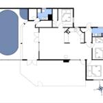 Large house with pool, kitchen, and multiple bedrooms.