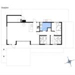 Stueplan zeigt Wohnraum, Küche, Bad und Schlafzimmer mit Matratzen.