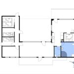 Wohnung mit drei Schlafzimmern, Küche und Bad. Grundriss mit Orientierung.