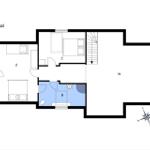 Erstes Stockwerk mit Schlafzimmer, Bad und Treppe.