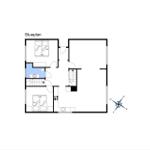 Stueplan zeigt zwei Schlafzimmer, Küche und Bad mit Treppe.