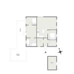 Apartment with kitchen, bedrooms, and terrace. Outdoor area with covered terrace and shed.