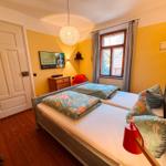 Schlafzimmer mit Doppelbett, Fenster, TV und Holzboden.