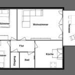 Dieses Haus hat zwei Schlafzimmer, ein Wohnzimmer, eine Küche, ein Bad und eine Terrasse.