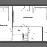 Wohnung mit Schlafzimmer, Wohnzimmer, Küche, Bad und Flur.
