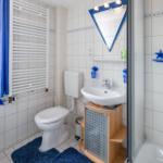 Badezimmer mit Toilette, Waschbecken und Dusche. Blaue Akzente und Fenster.