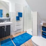 Badezimmer mit Dusche, Waschbecken und Toilette. Blaue Teppiche und Handtücher.