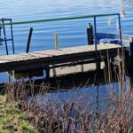 Holzsteg mit Geländer führt zum Wasser. Im Hintergrund liegt ein Boot.