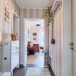 Hausgang mit Streifenwand, Eingangsbereich und Blick in Wohnzimmer mit Sofa.