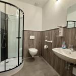 Badezimmer mit Dusche, WC und Waschbecken.