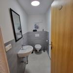 WC mit Waschbecken, Spiegel und Wandbild. Holztür mit WC-Schild.