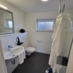 Badezimmer mit Dusche, Waschbecken, Toilette und Fenster.