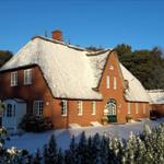 Red brick building with snow-covered thatched roof and green entrance door.