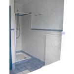 Shower cabin with showerhead, toilet, and blue-white tiled floor.