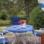 Außenbereich mit Tisch, Stühlen und Blumen. Tischdecke und Kissen sind blau.