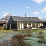 Modern villa with terrace and woodpile in garden. View of living and dining area.