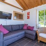 Ein Wohnzimmer mit grauem Sofa, purpurfarbenen Kissen und einem geflochtenen Sessel.