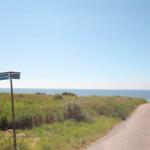 Straßenschild zeigt Svalerup Strandvej. Asphaltweg führt zum Meer mit Grasland und Bäumen.