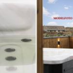 Hochwertige Whirlpool-Anlage mit Aussicht auf Dünenschutz und Ferienhaus.