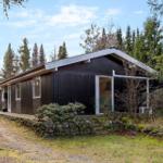 Black wooden house with glass front, surrounded by trees and stone wall.