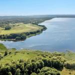 Large lake with green shorelines and forested areas under a blue sky.