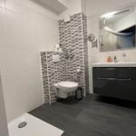 Badezimmer mit Dusche, Toilette und Waschbecken. Wandfliesen in Grau-Weiß-Tönen.