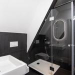 Dusche mit Glaswand, Waschbecken und Toilette unter Dachschrägen