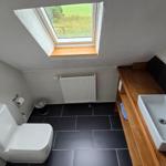 Badezimmer mit Toilette, Waschbecken und Dachfenster mit Blick auf Grünfläche.