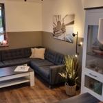 Ein Wohnzimmer mit grauem Sofa, Holzboden und Fenster mit Pflanzen.