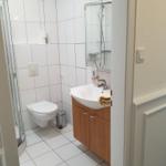 Bathroom with shower, toilet, and sink with mirror.