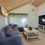 Wohnzimmer mit Sofa, Couchtisch und Fernseher. Holzdecke und weiße Wände.