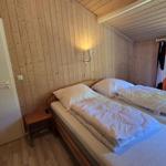 Zimmer mit Doppelbett, Holzwand und Fenster zum Wald