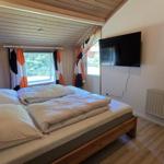 Schlafzimmer mit Bett, TV und Fenster mit Blick auf Grün.